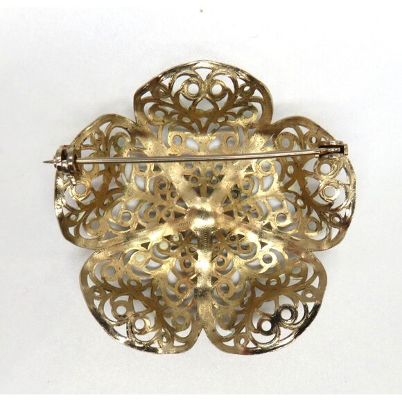 Vintage Flower Brooch 2" White Washed Filigree Gold Tone Metal Domed Petals - Picture 11 of 12
